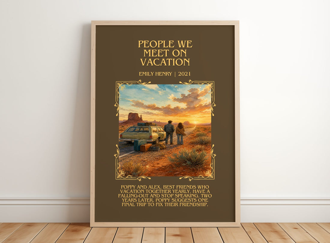 People We Meet on Vacation Minimalist Book Poster by Emily Henry – framed print leaning on a wooden floor