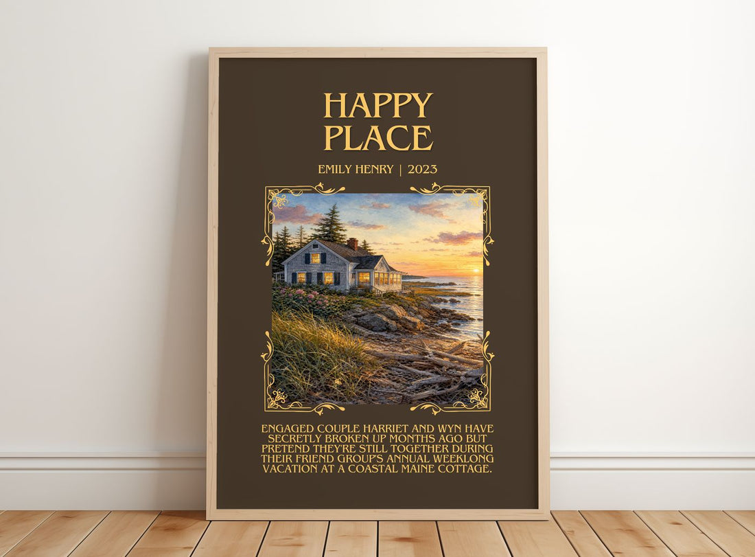 Happy Place Minimalist Book Poster by Emily Henry – framed print leaning on a wooden floor