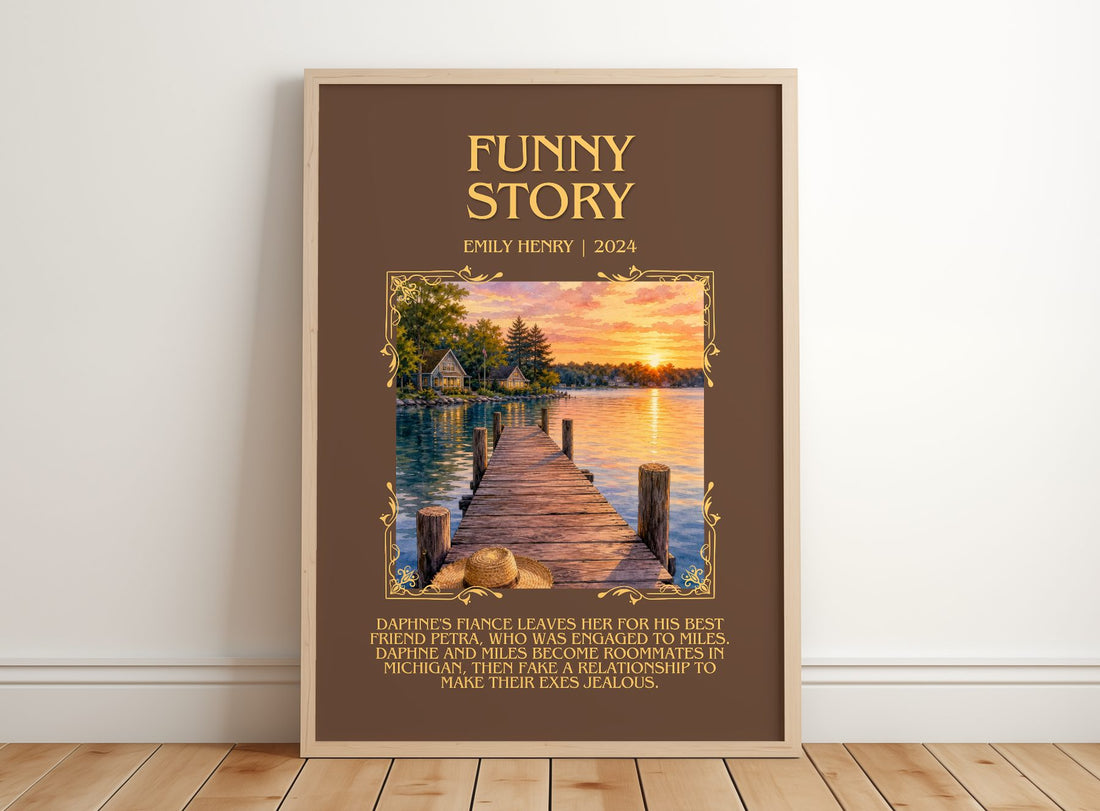 Funny Story Minimalist Book Poster by Emily Henry – framed print leaning on a wooden floor