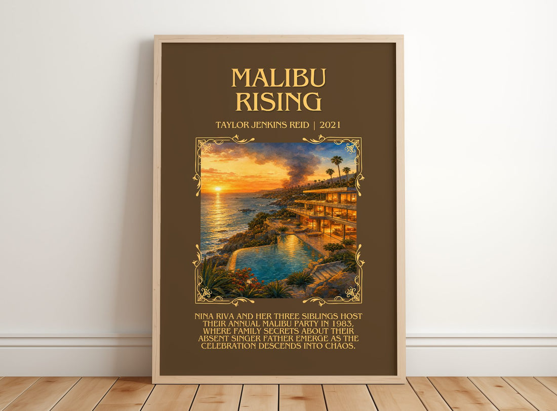 Malibu Rising Minimalist Book Poster by Taylor Jenkins Reid – framed print leaning on a wooden floor