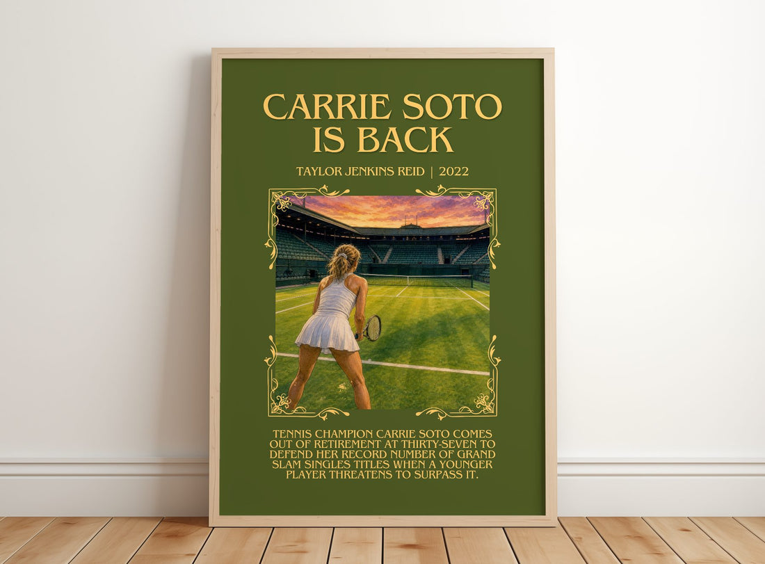 Carrie Soto Is Back Minimalist Book Poster by Taylor Jenkins Reid – framed print leaning on a wooden floor
