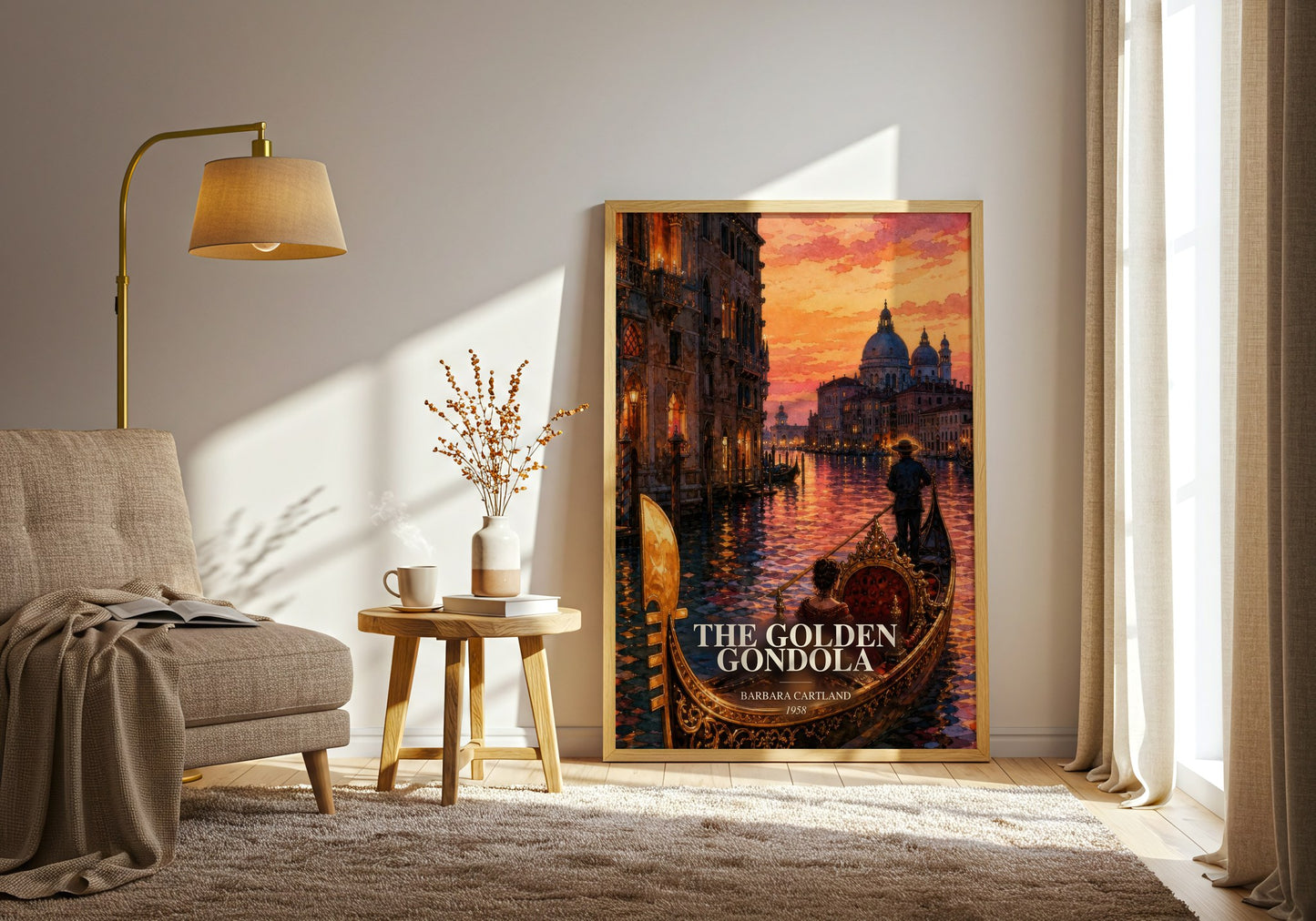The Golden Gondola watercolour print in frame leaning in hallway – historical fiction wall art