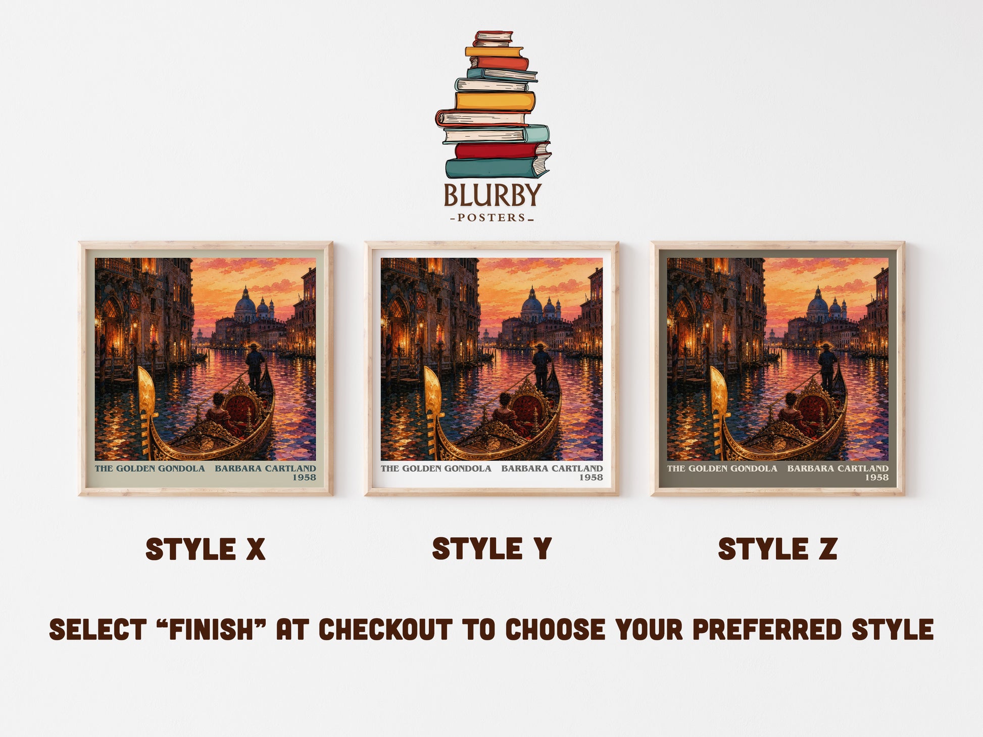 The Golden Gondola literary print in frame leaning in hallway – historical fiction wall art