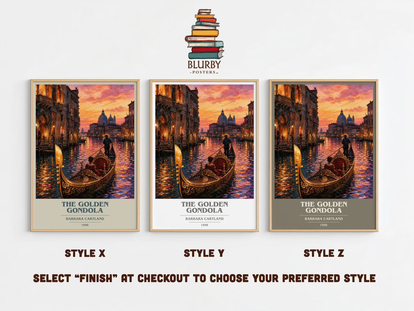 The Golden Gondola book cover print in frame leaning in hallway – historical fiction wall art