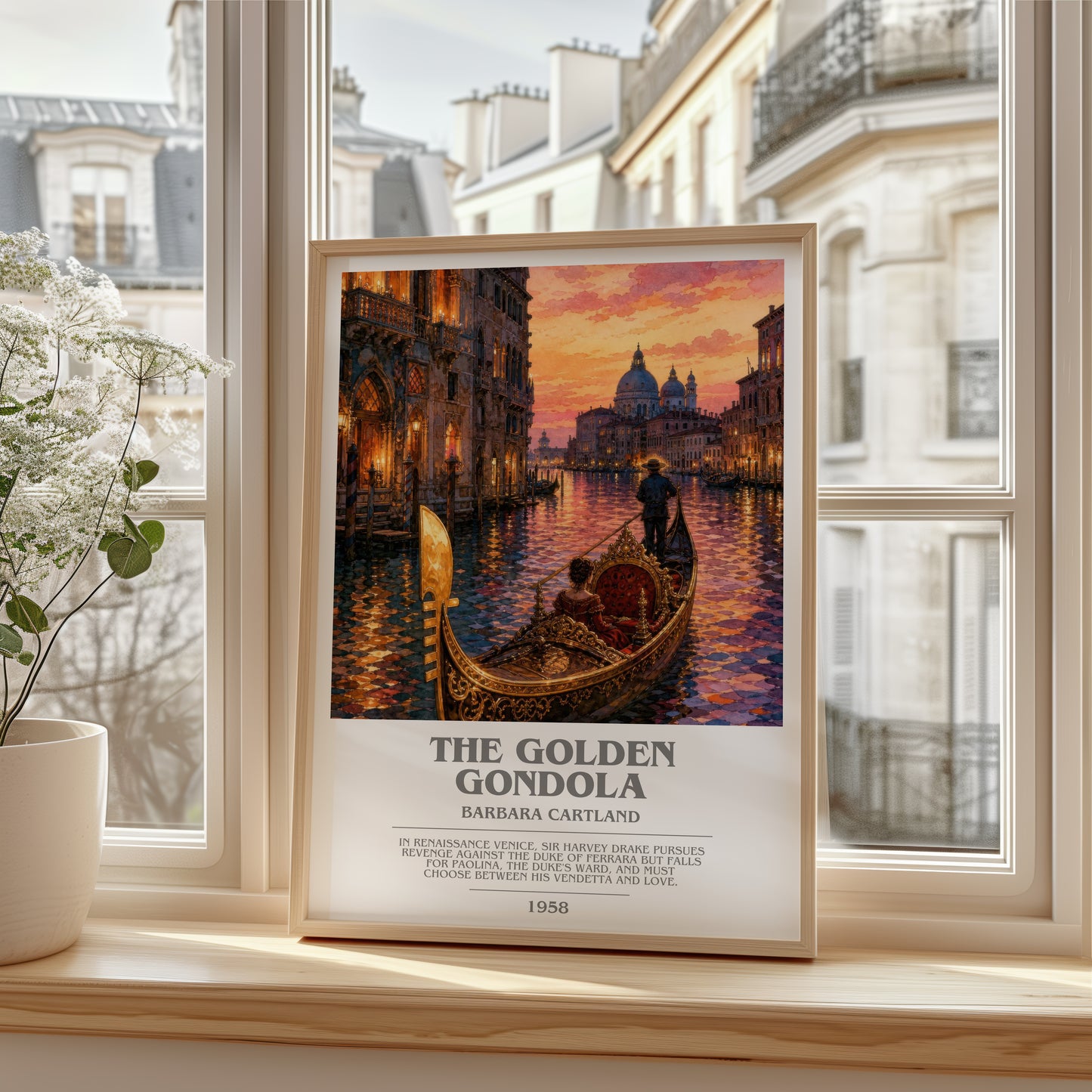 The Golden Gondola bookish poster colour and style options – Barbara Cartland book art