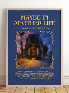 Maybe in Another Life Minimalist Book Poster by Taylor Jenkins Reid – framed print leaning on a wooden floor