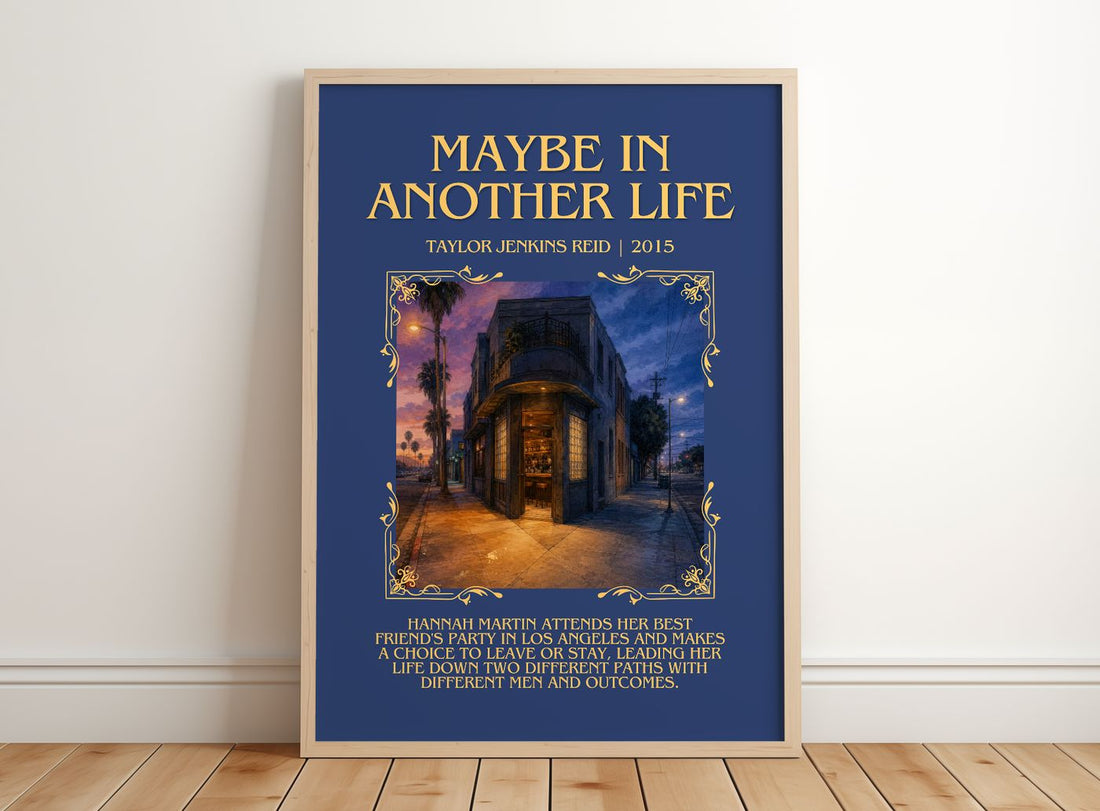Maybe in Another Life Minimalist Book Poster by Taylor Jenkins Reid – framed print leaning on a wooden floor