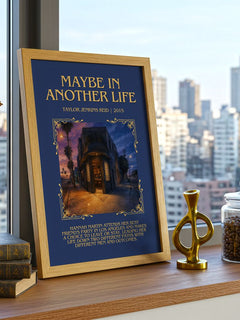 Maybe in Another Life Minimalist Book Poster by Taylor Jenkins Reid – framed print on a city-view windowsill