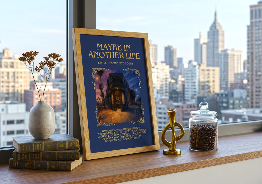 Maybe in Another Life Minimalist Book Poster by Taylor Jenkins Reid – framed print on a city-view windowsill