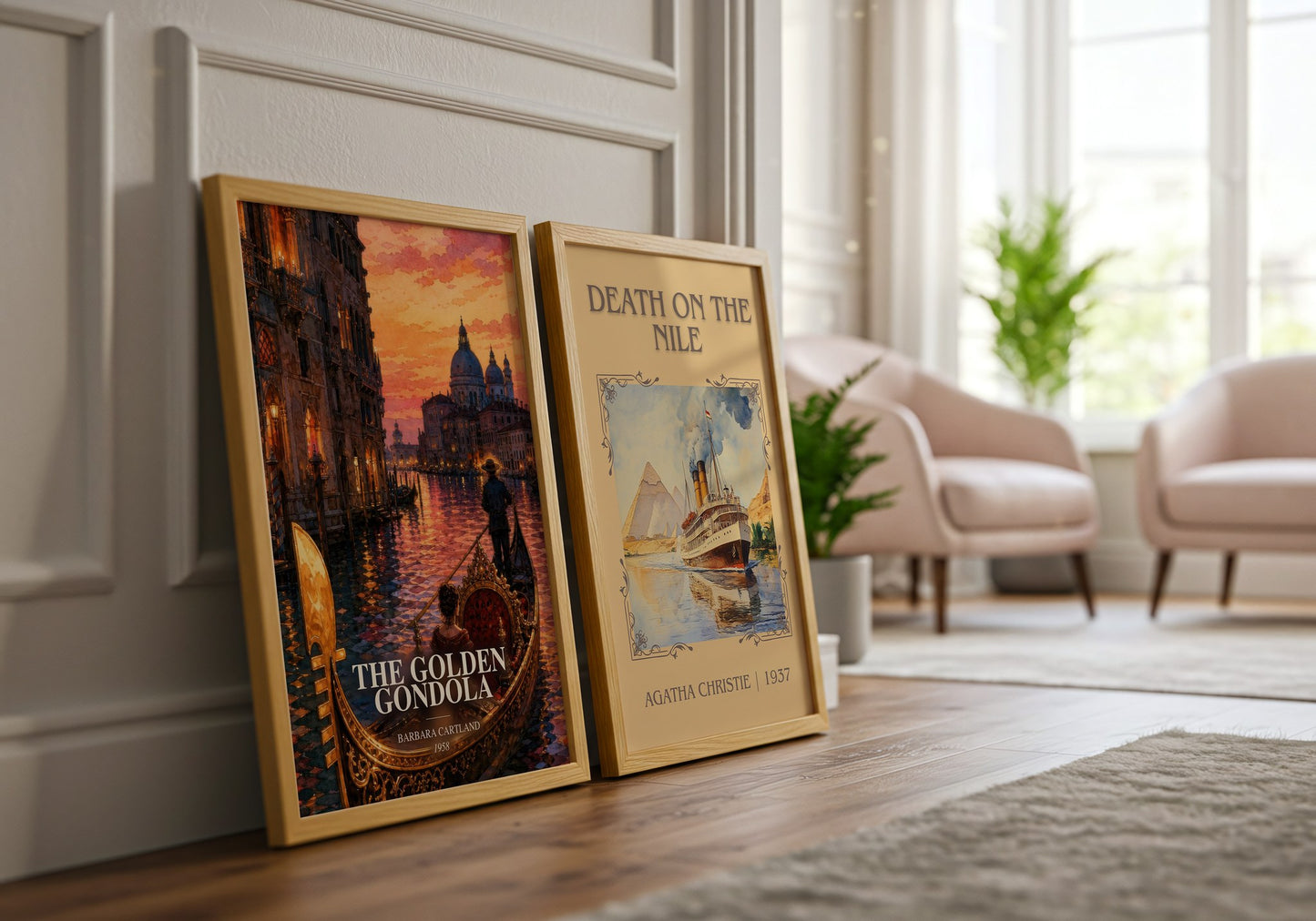 The Golden Gondola watercolour print framed by window – literary home decor