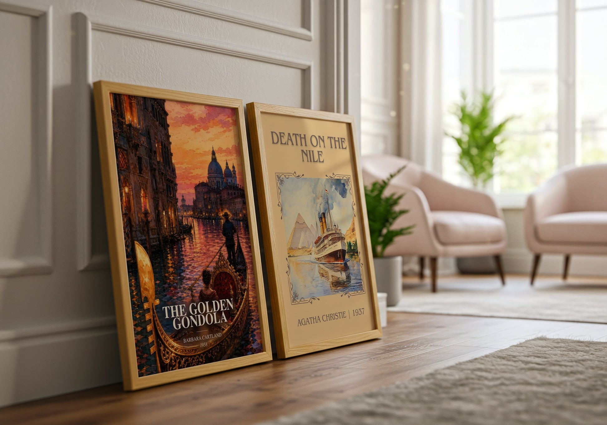 The Golden Gondola watercolour print framed by window – literary home decor