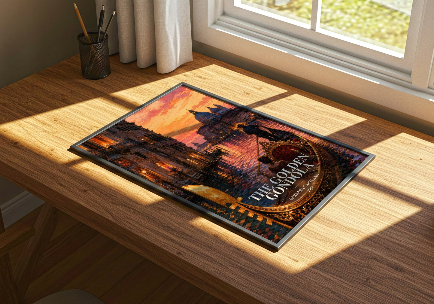 The Golden Gondola watercolour book poster framed on wall – historical fiction wall art