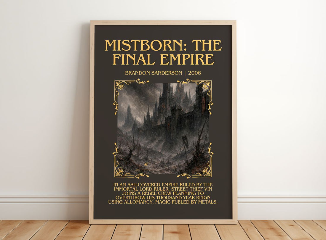 Mistborn: The Final Empire Minimalist Book Poster by Brandon Sanderson – framed print leaning on a wooden floor