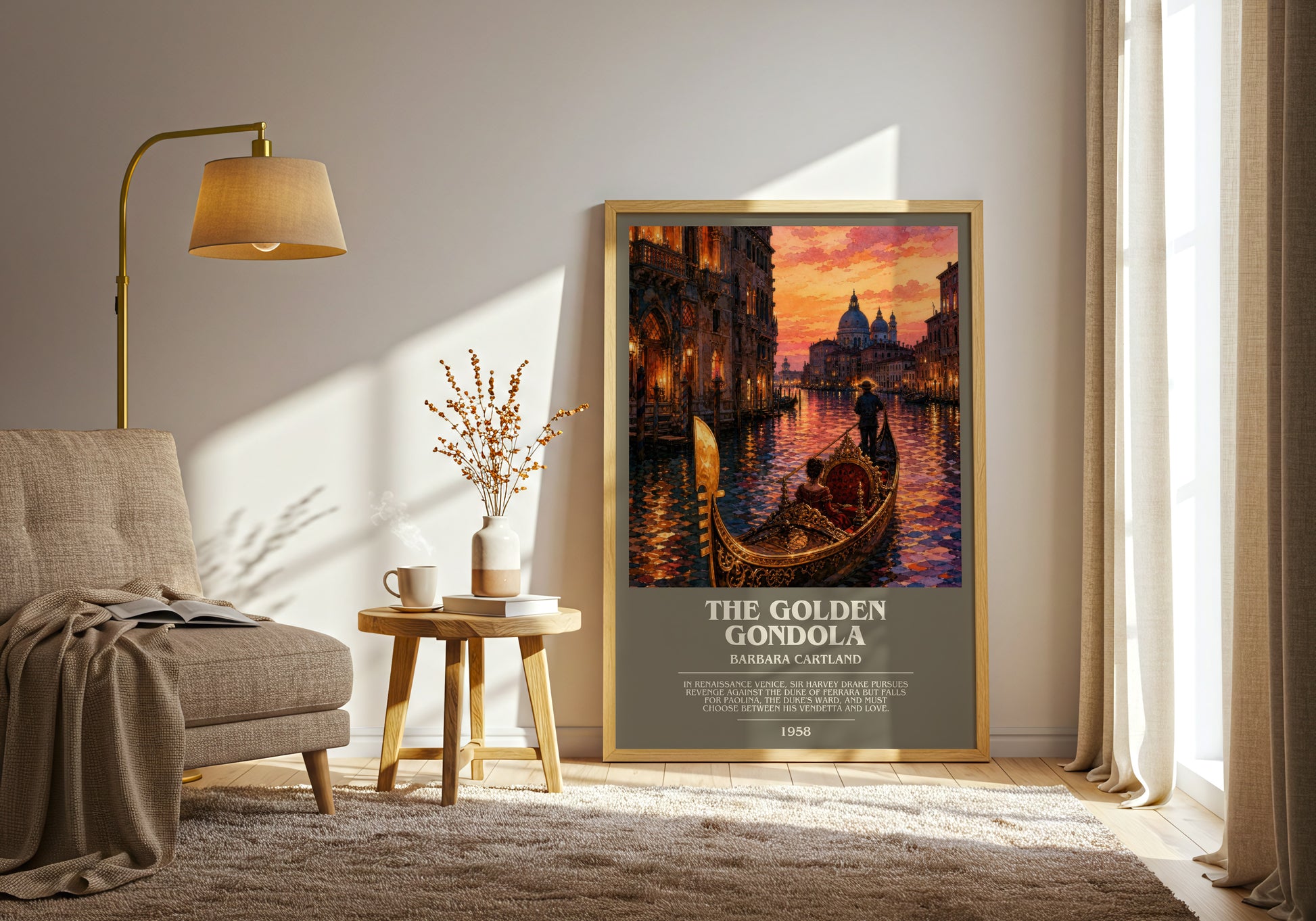 The Golden Gondola bookish print on bookshelf – Barbara Cartland fan gift