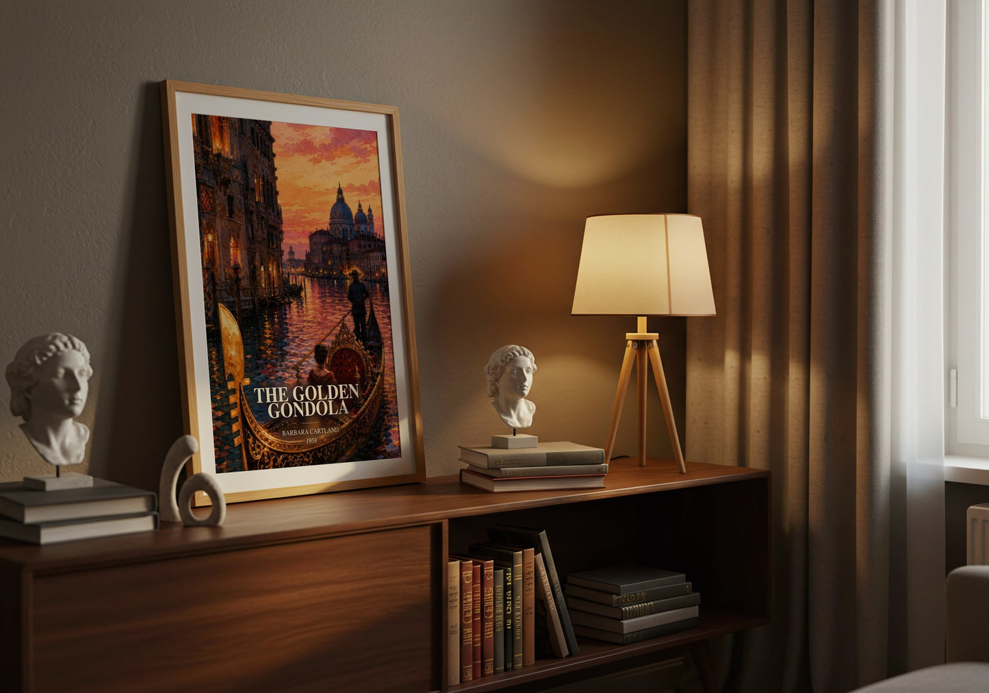 The Golden Gondola watercolour print on bookshelf – Barbara Cartland fan gift