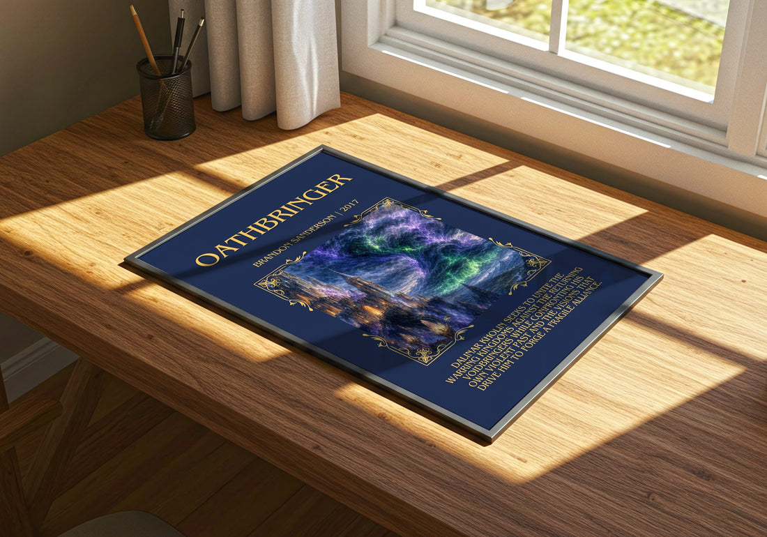 Oathbringer Minimalist Book Poster by Brandon Sanderson – print on a sunlit desk