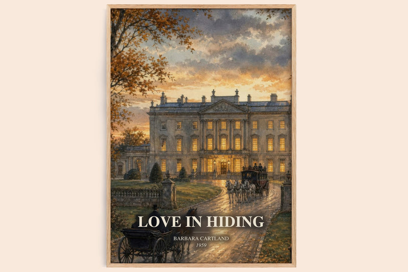 Love In Hiding watercolour book poster by Barbara Cartland – framed literary art print