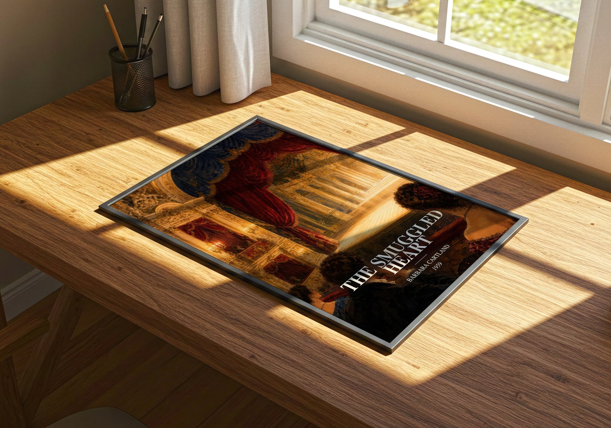 The Smuggled Heart watercolour book poster framed on wall – romance wall art
