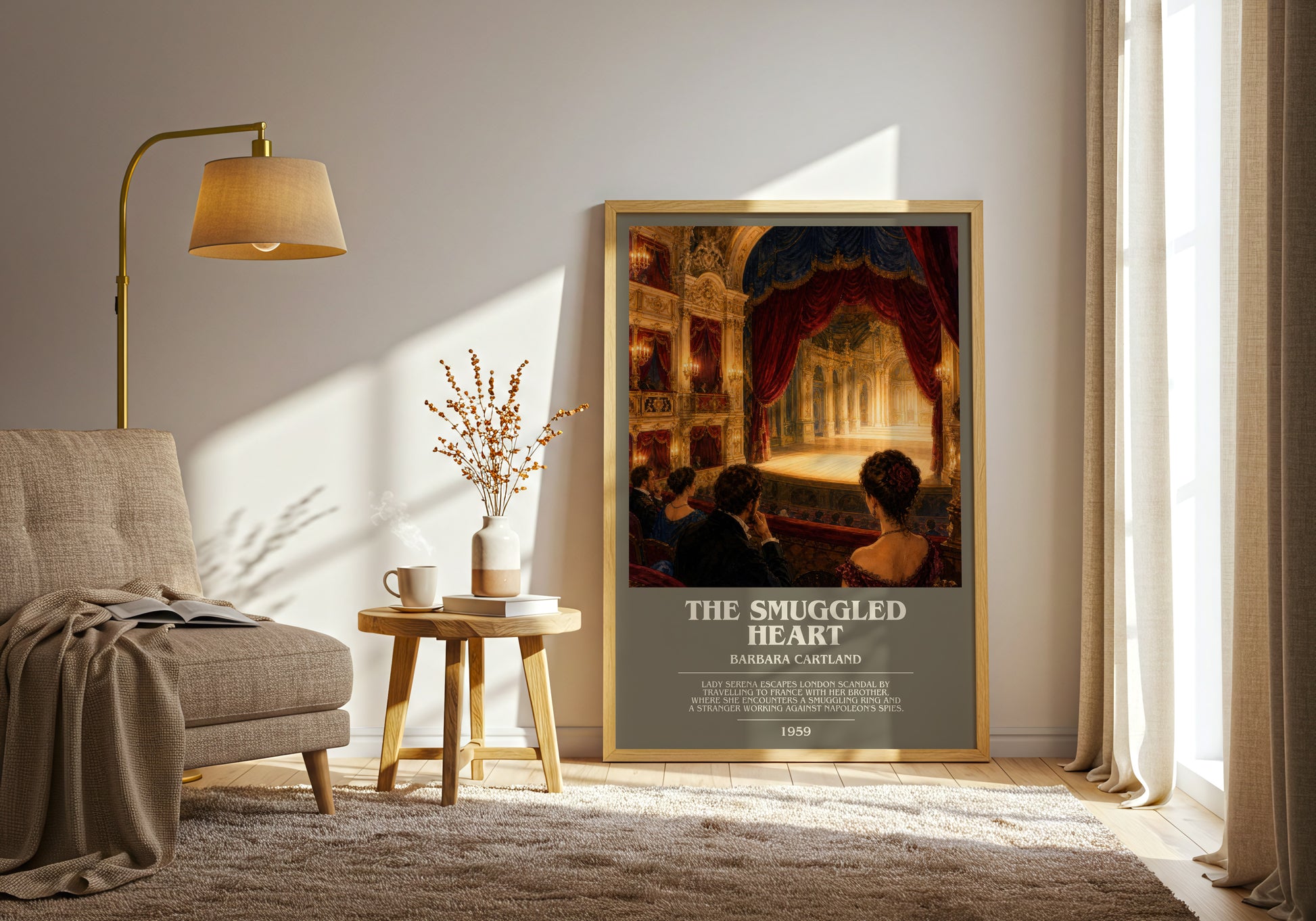 The Smuggled Heart bookish print on bookshelf – Barbara Cartland fan gift