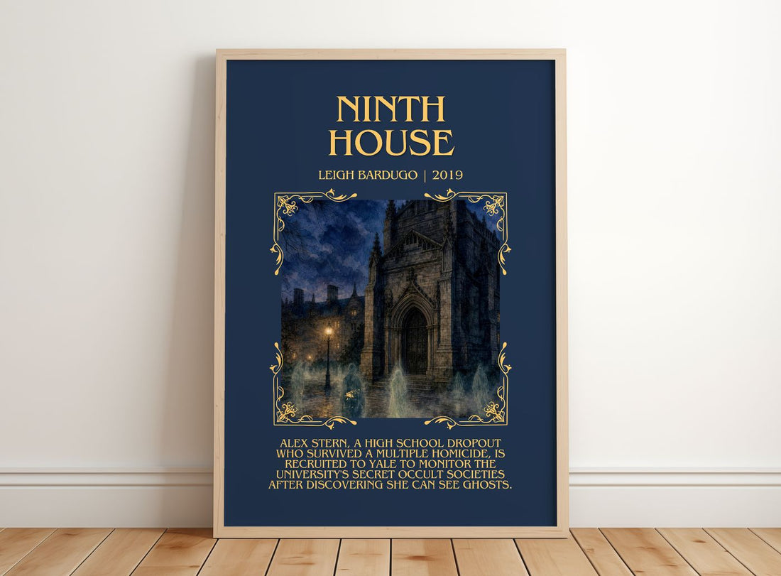 Ninth House Minimalist Book Poster by Leigh Bardugo – framed print leaning on a wooden floor