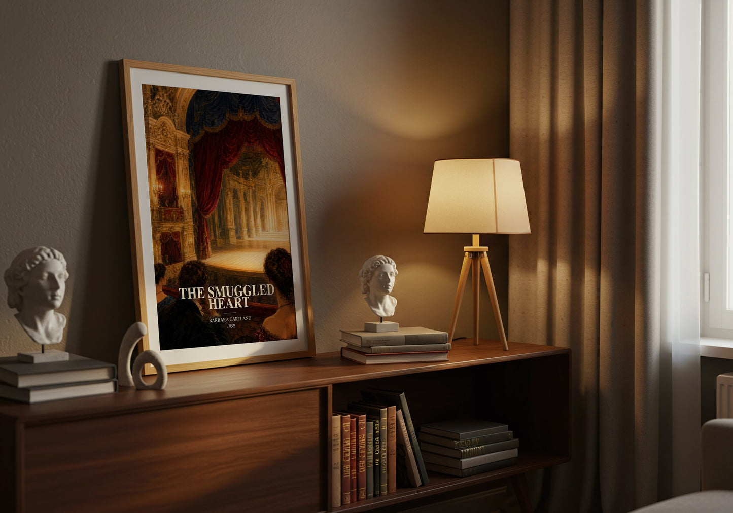 The Smuggled Heart watercolour print on bookshelf – Barbara Cartland fan gift