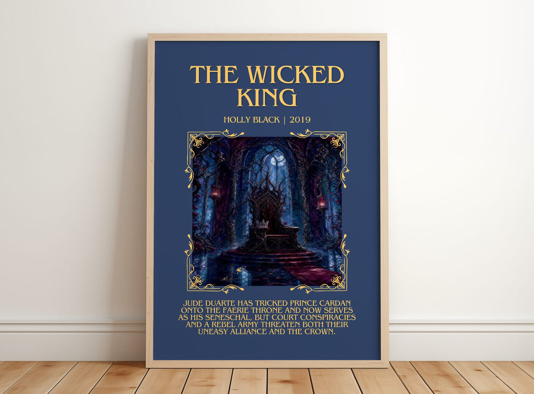 The Wicked King Minimalist Book Poster by Holly Black – framed print leaning on a wooden floor