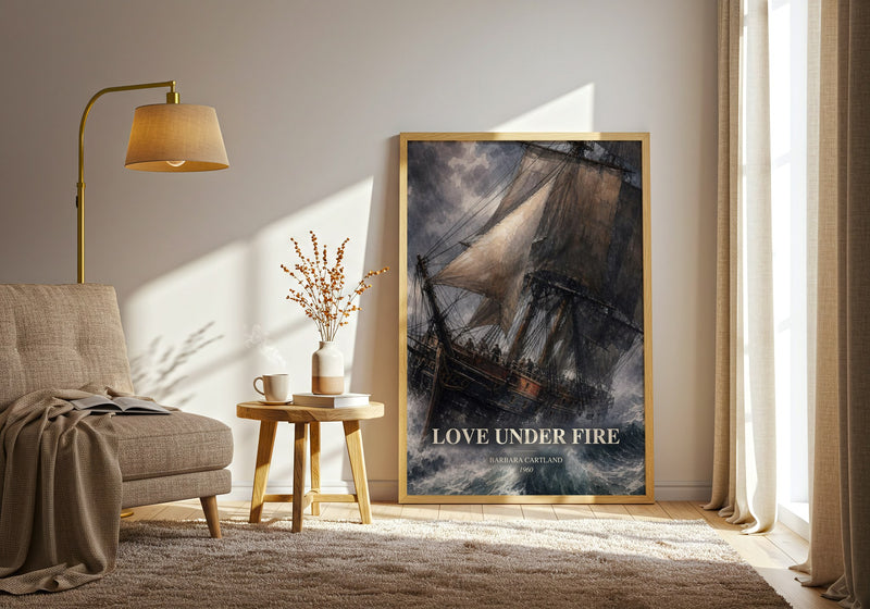 Love Under Fire watercolour print in frame leaning in hallway – romance wall art
