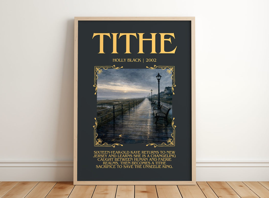 Tithe Minimalist Book Poster by Holly Black – framed print leaning on a wooden floor