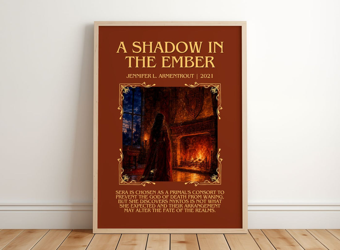 A Shadow in the Ember Minimalist Book Poster by Jennifer L. Armentrout – framed print leaning on a wooden floor