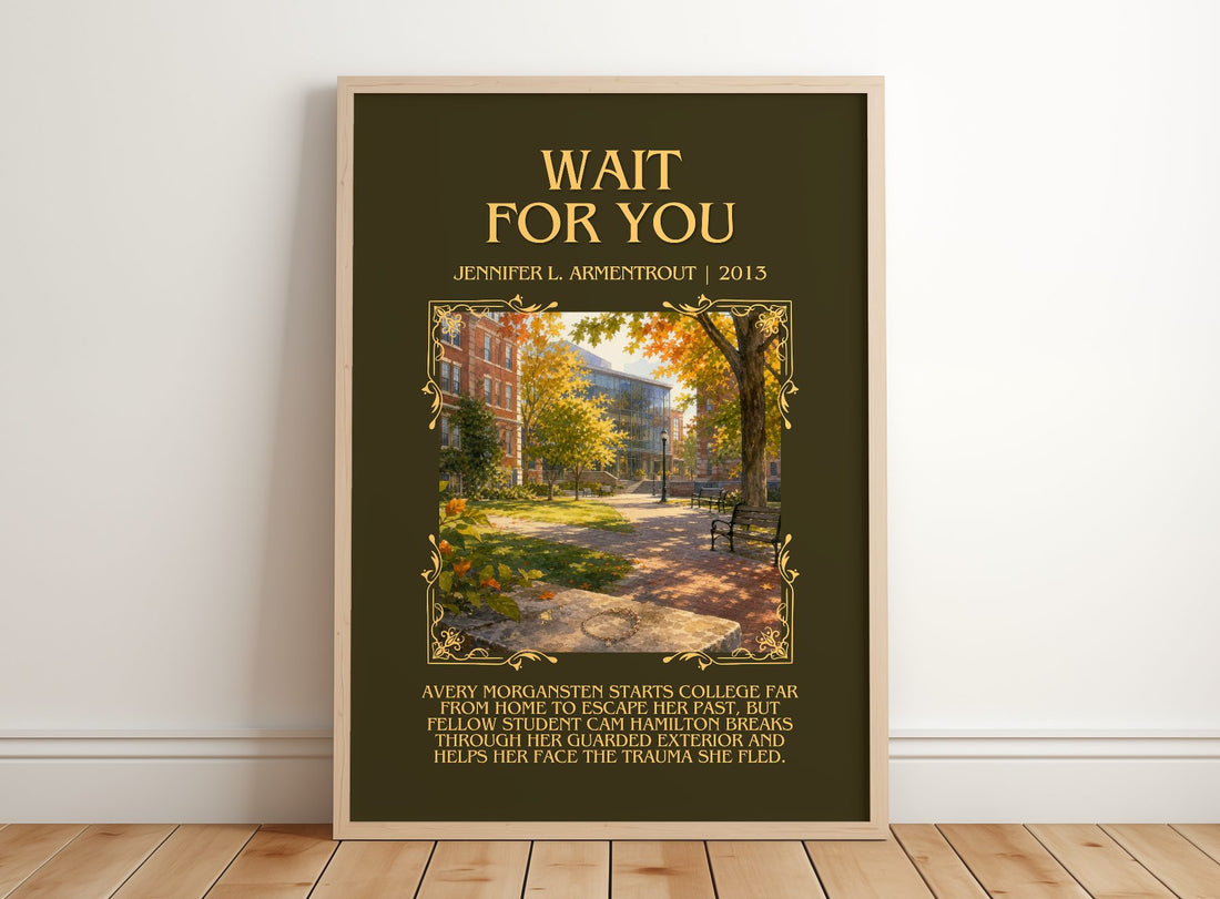 Wait for You Minimalist Book Poster by Jennifer L. Armentrout – framed print leaning on a wooden floor