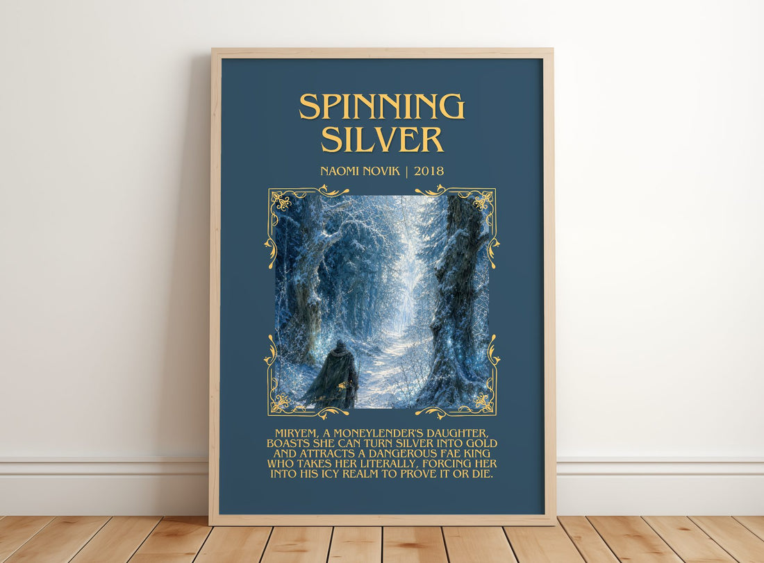 Spinning Silver Minimalist Book Poster by Naomi Novik – framed print leaning on a wooden floor