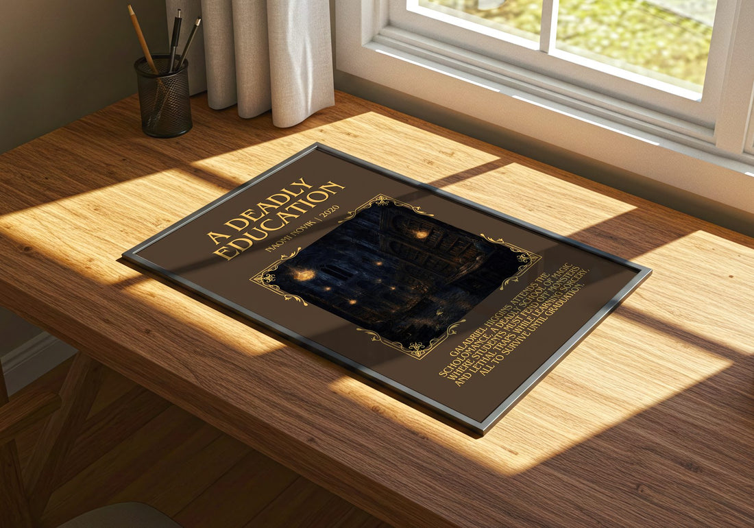 A Deadly Education Minimalist Book Poster by Naomi Novik – print on a sunlit desk