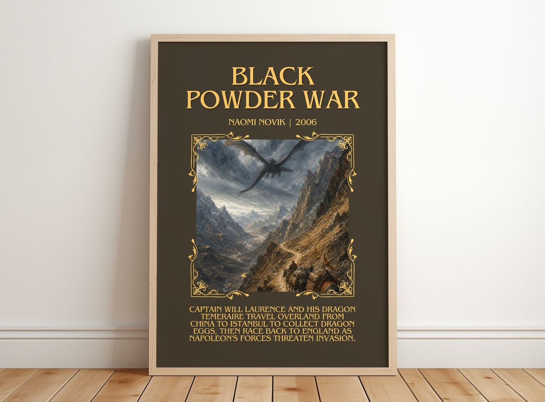 Black Powder War Minimalist Book Poster by Naomi Novik – framed print leaning on a wooden floor