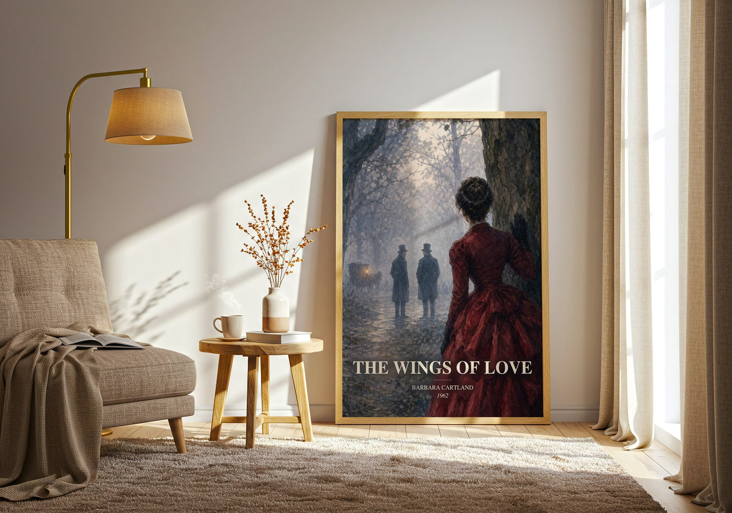 The Wings Of Love watercolour print in frame leaning in hallway – romance wall art