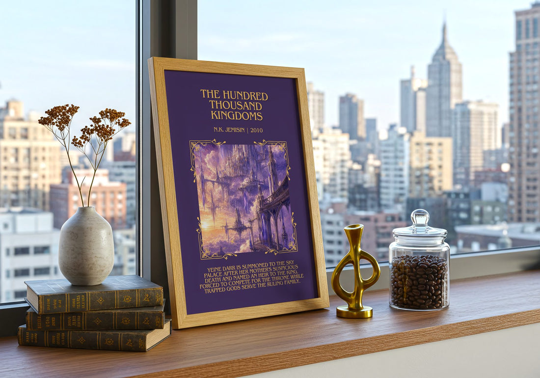 The Hundred Thousand Kingdoms Minimalist Book Poster by N.K. Jemisin – framed print on a city-view windowsill