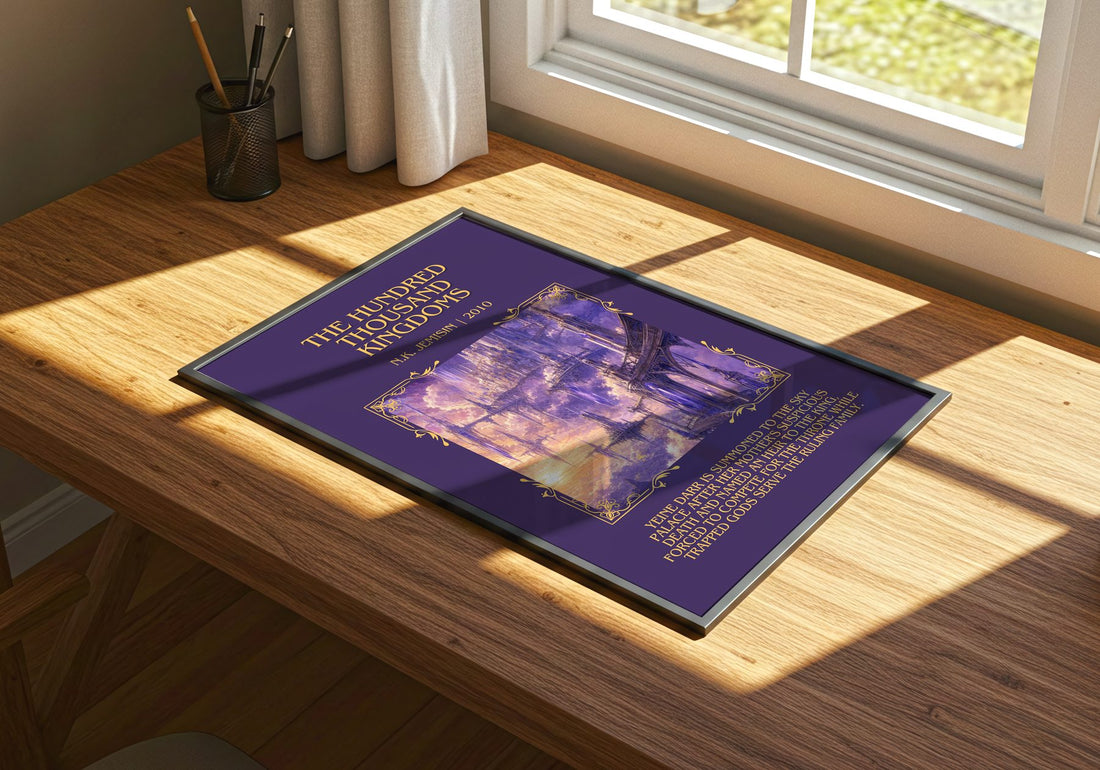 The Hundred Thousand Kingdoms Minimalist Book Poster by N.K. Jemisin – print on a sunlit desk