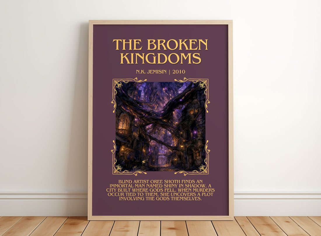 The Broken Kingdoms Minimalist Book Poster by N.K. Jemisin – framed print leaning on a wooden floor