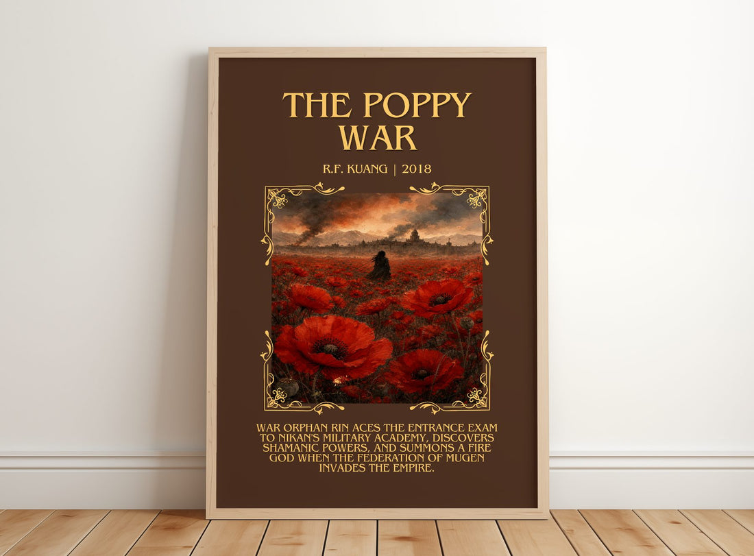 The Poppy War Minimalist Book Poster by R.F. Kuang – framed print leaning on a wooden floor
