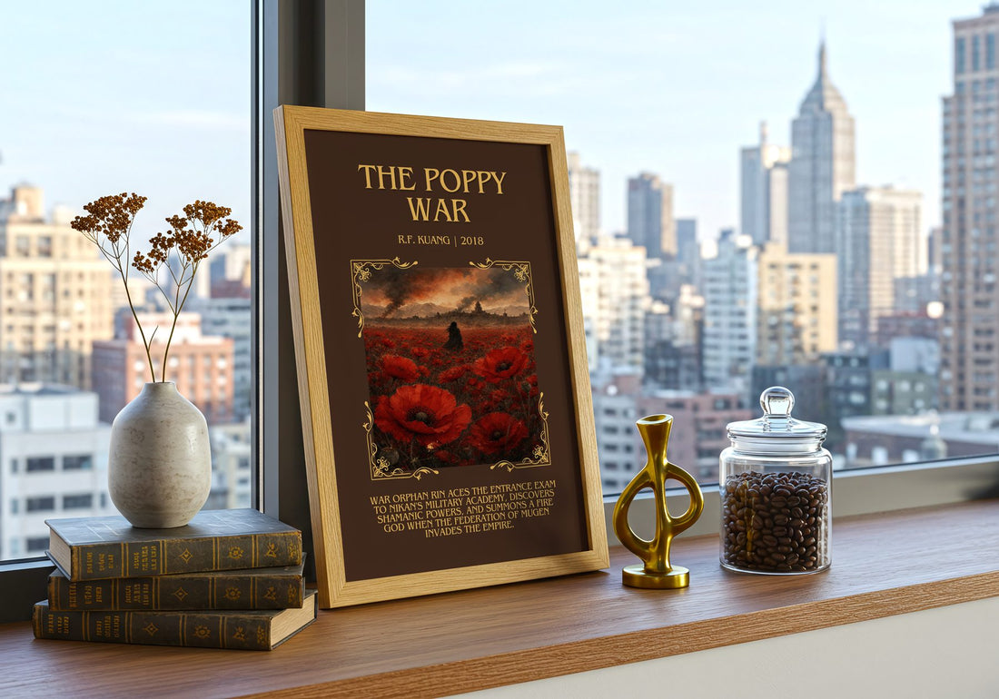 The Poppy War Minimalist Book Poster by R.F. Kuang – framed print on a city-view windowsill