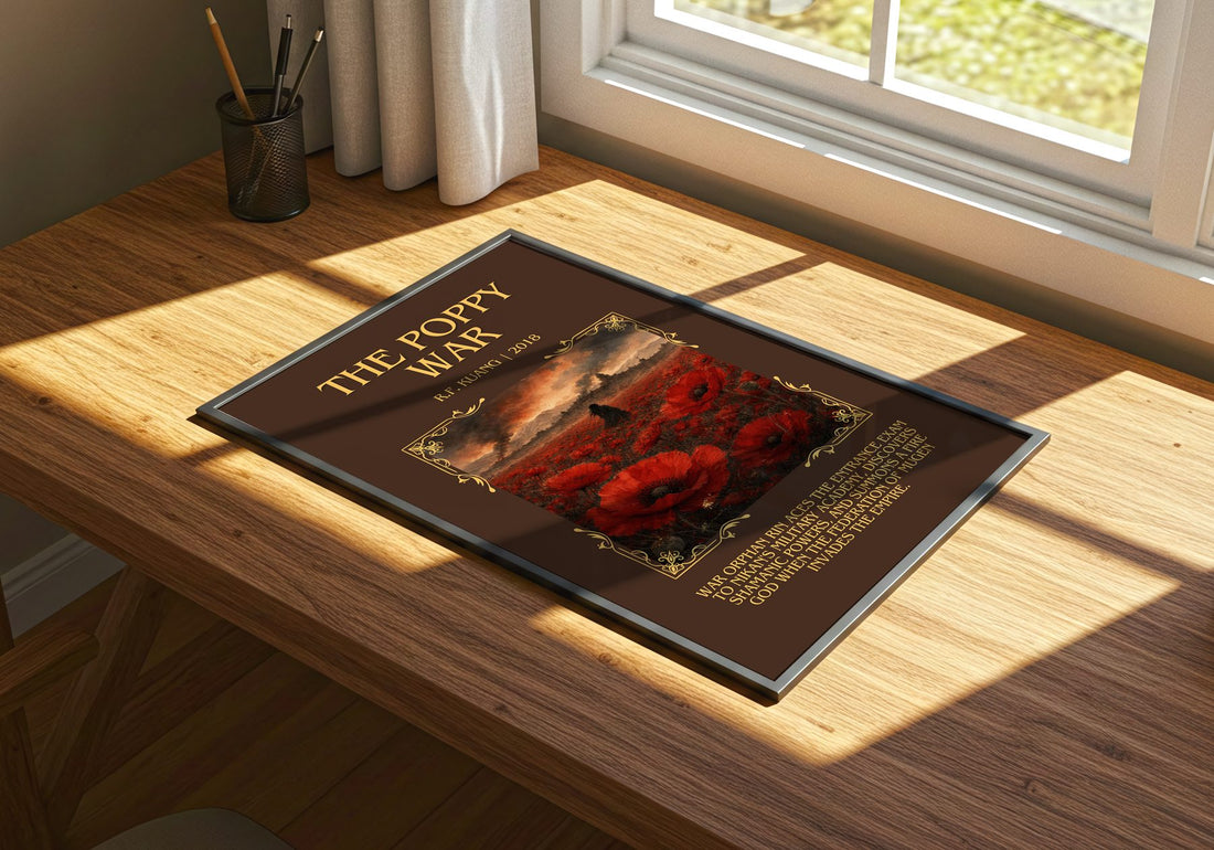 The Poppy War Minimalist Book Poster by R.F. Kuang – print on a sunlit desk