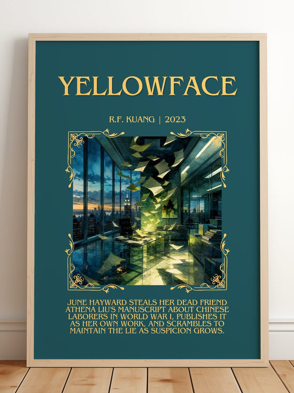 Yellowface Minimalist Book Poster by R.F. Kuang – framed print leaning on a wooden floor