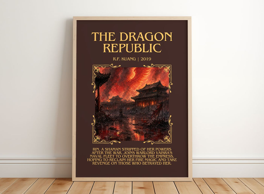 The Dragon Republic Minimalist Book Poster by R.F. Kuang – framed print leaning on a wooden floor