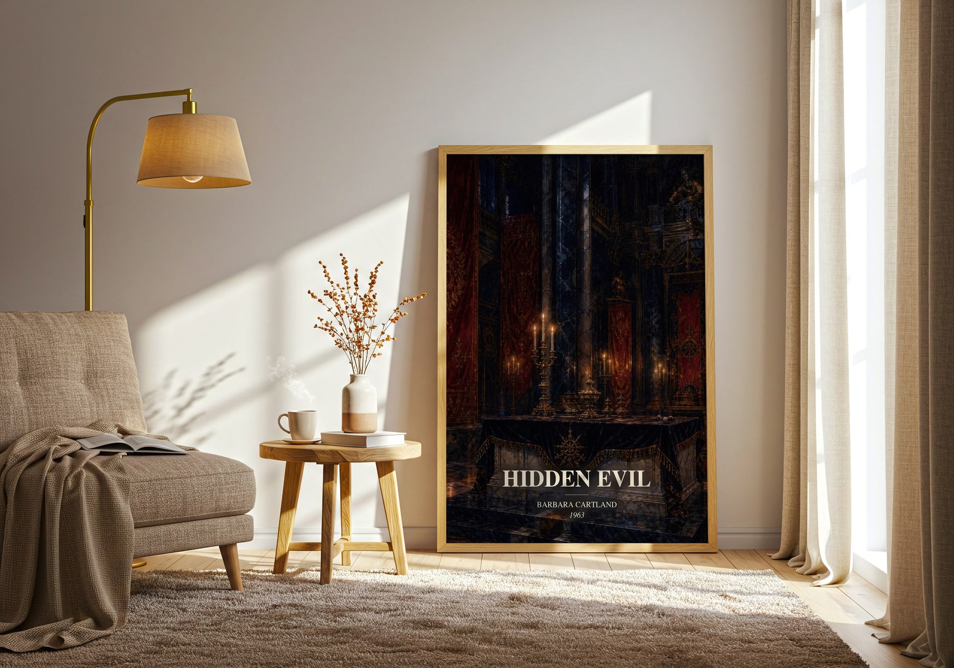 Hidden Evil watercolour print in frame leaning in hallway – romance wall art