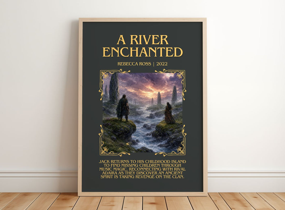 A River Enchanted Minimalist Book Poster by Rebecca Ross – framed print leaning on a wooden floor