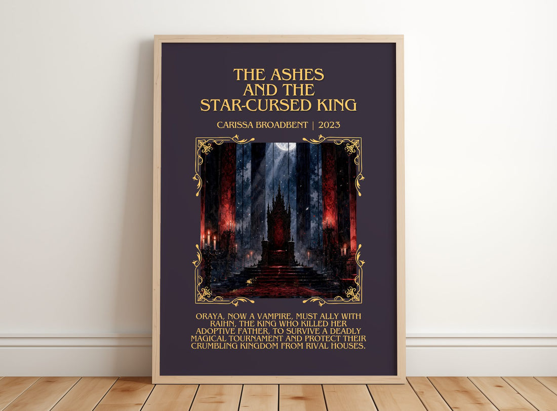 Ashes and the Star-Cursed King Minimalist Book Poster by C. Broadbent – framed print leaning on a wooden floor