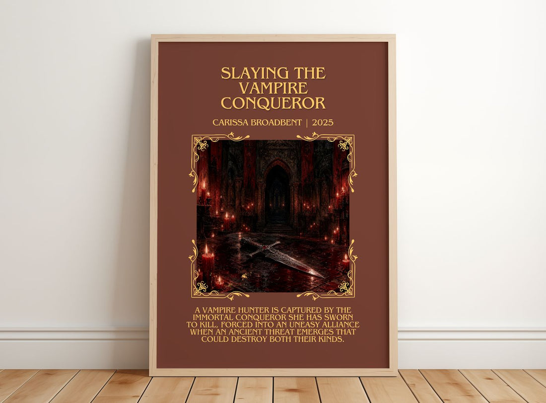 Slaying the Vampire Conqueror Minimalist Book Poster by C. Broadbent – framed print leaning on a wooden floor