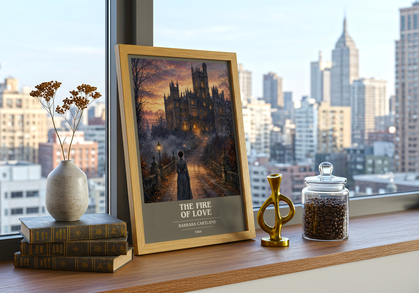 The Fire Of Love book cover print framed by window – literary home decor