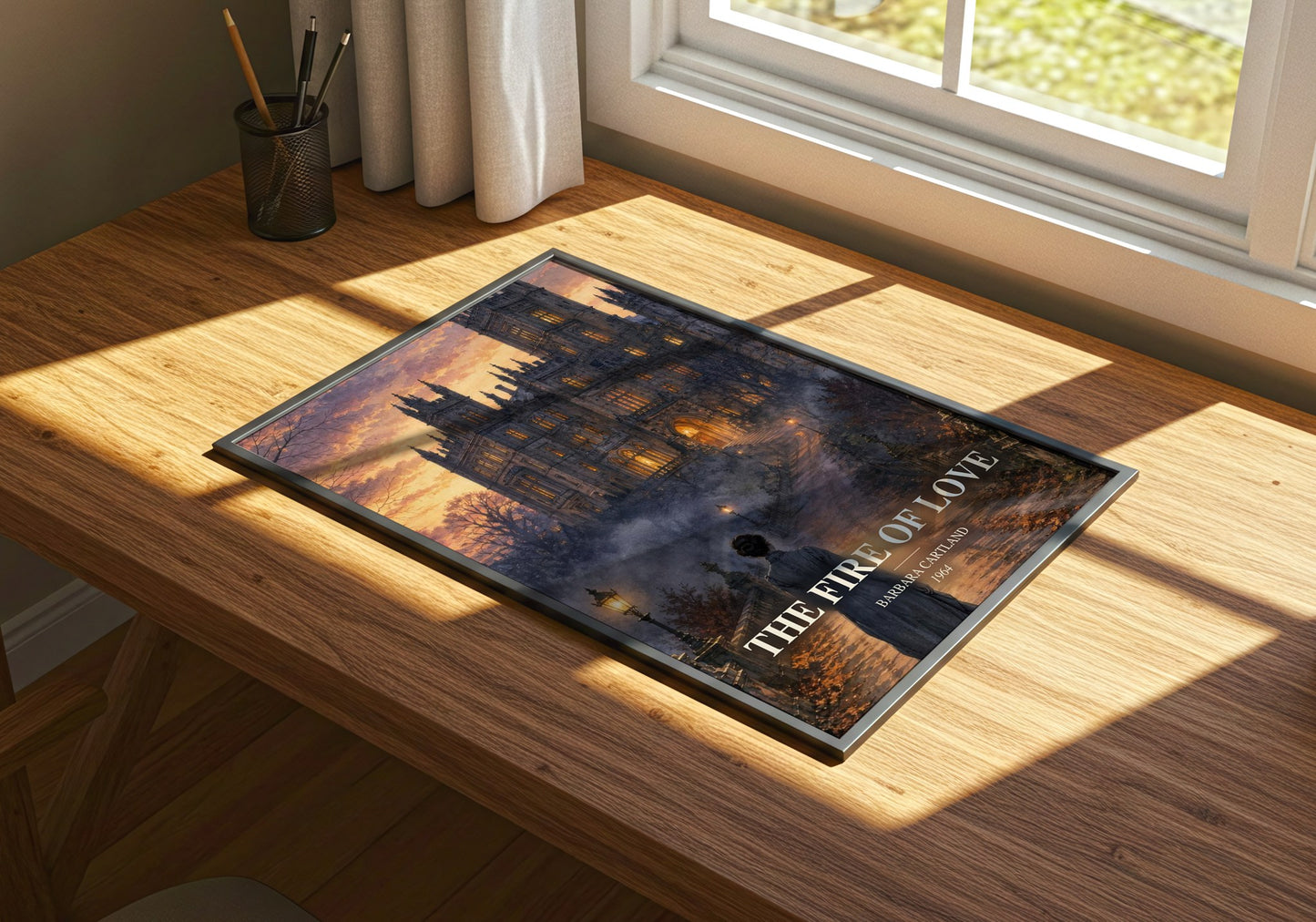 The Fire Of Love watercolour book poster framed on wall – romance wall art