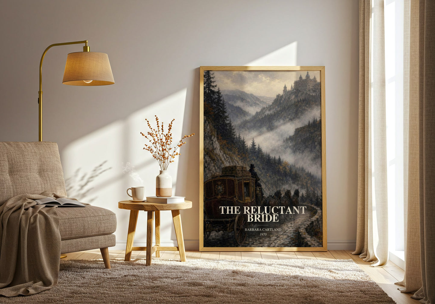 The Reluctant Bride watercolour print in frame leaning in hallway – romance wall art