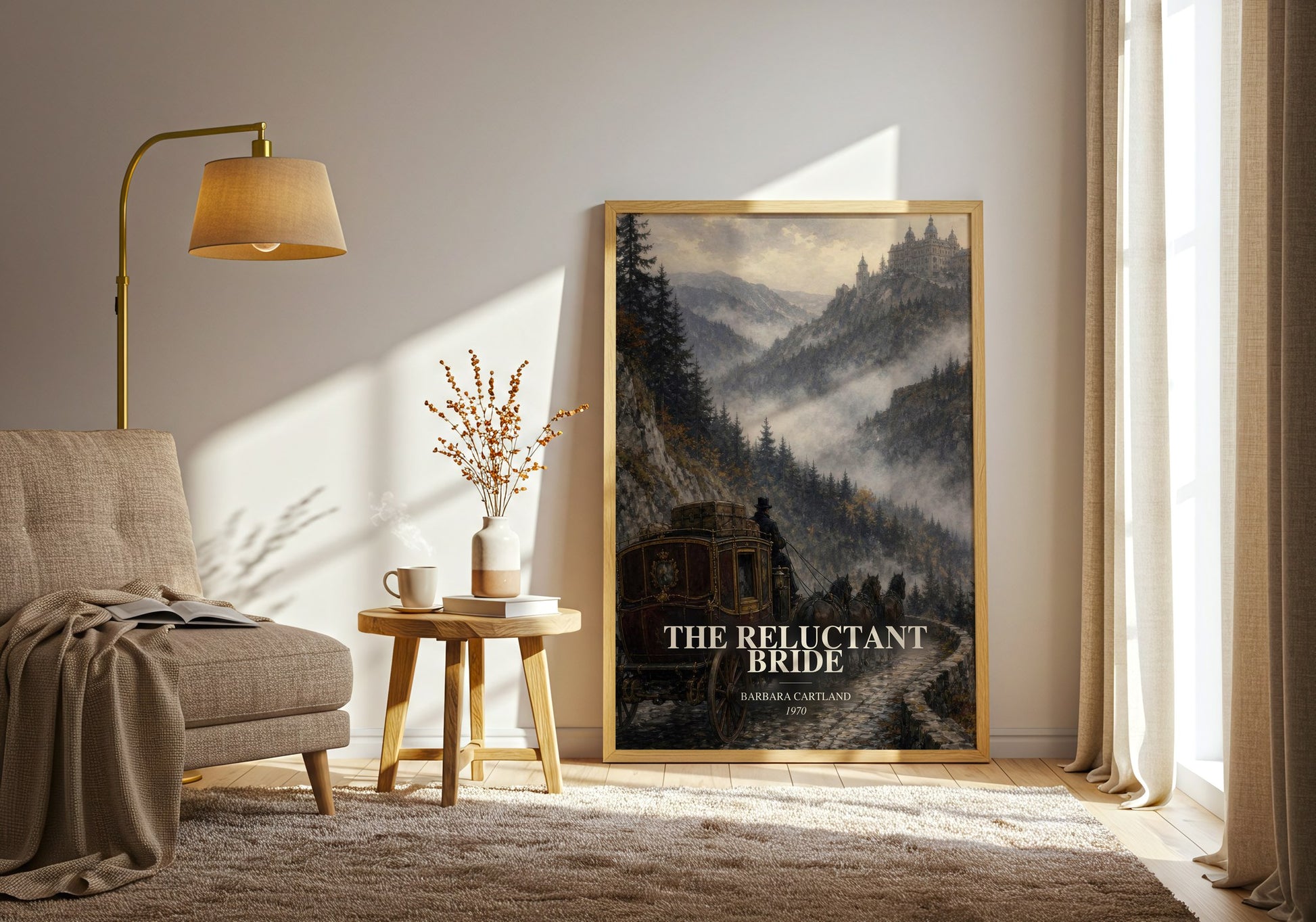 The Reluctant Bride watercolour print in frame leaning in hallway – romance wall art